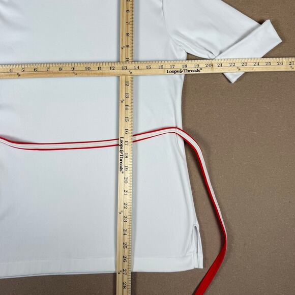 Vintage 70s Japan Import White Red Trim Belted Polyester Top Blouse Mod Disco M - Picture 6 of 7